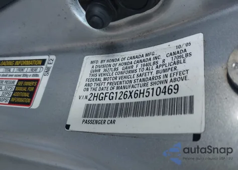 2006 Honda Civic Lx z USA, uszkodzony, nr VIN 2HGFG126X6H510469